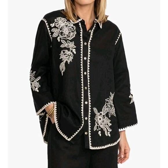 Johnny Was Tops - Johnny Was Addison Kimono Sleeve Shirt Black Floral Embroidered Linen Tunic XS